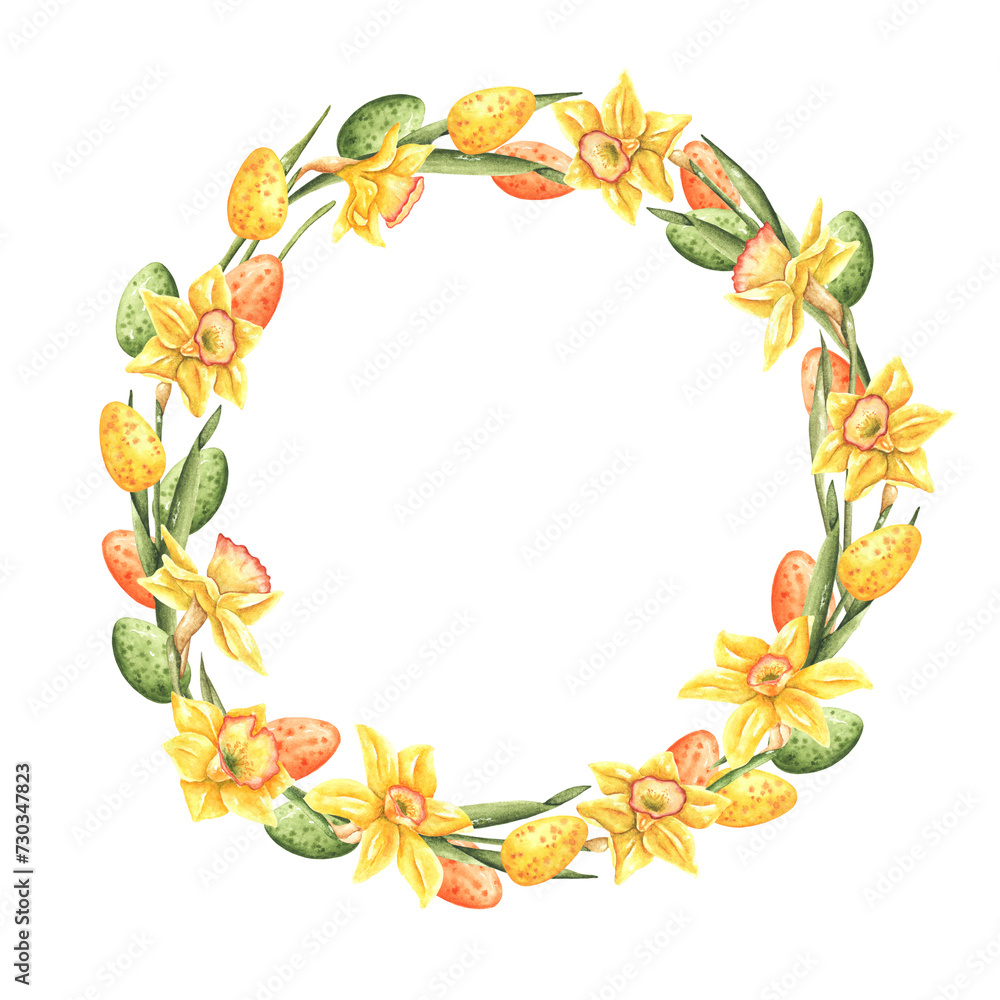 Easter watercolor wreath, frame, illustration. Daffodils flowers, Easter eggs. Spring religious holiday. Happy Easter! For printing on greeting cards, invitations, stickers.
