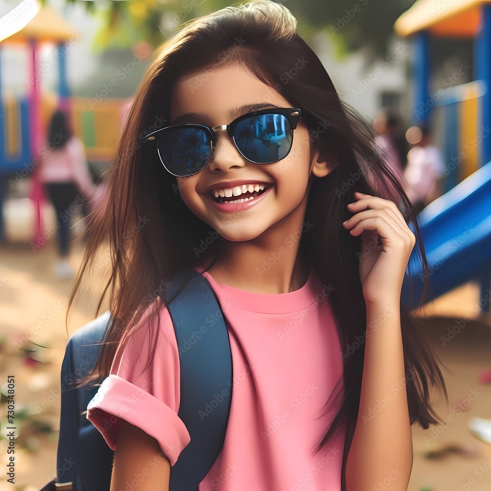 Playful Chic: Amidst a backdrop of colorful playground equipment, a school-going girl in a pink T-shirt and stylish sunglasses giggles as she enjoys a carefree moment during recess.