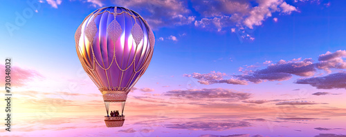 Beautiful lilac hot air balloon on morning cloudy sky background. AI generated illustration.