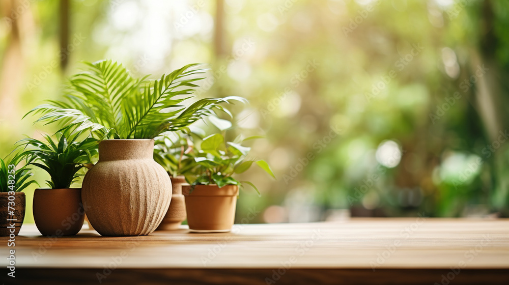 Potted plant on wood table on summer garden background