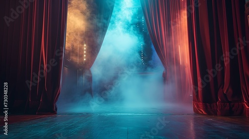 Mysterious theatre stage with red curtains and fog, empty performance space, artistic event backdrop. AI