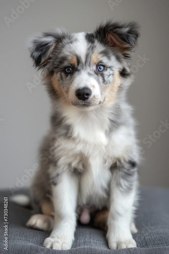 A small black, white and tan puppy sits on a white floor in front of a white background.
