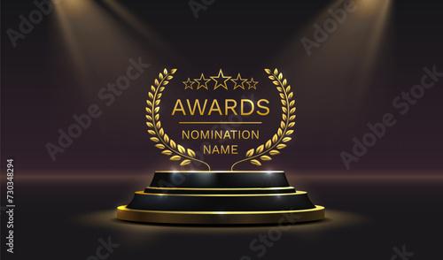 Awards nomination name podium, golden prize event, scene star ceremony. Vector