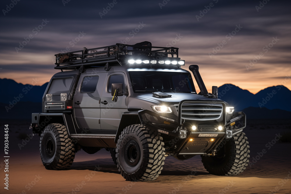 Fototapeta premium Custom truck with bed-mounted roll bar, lights and antennas. Generative AI