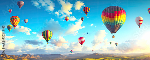 Hot air balloons on blue sky and mountain valley background. Festival and travel concept. AI generated illustration.
