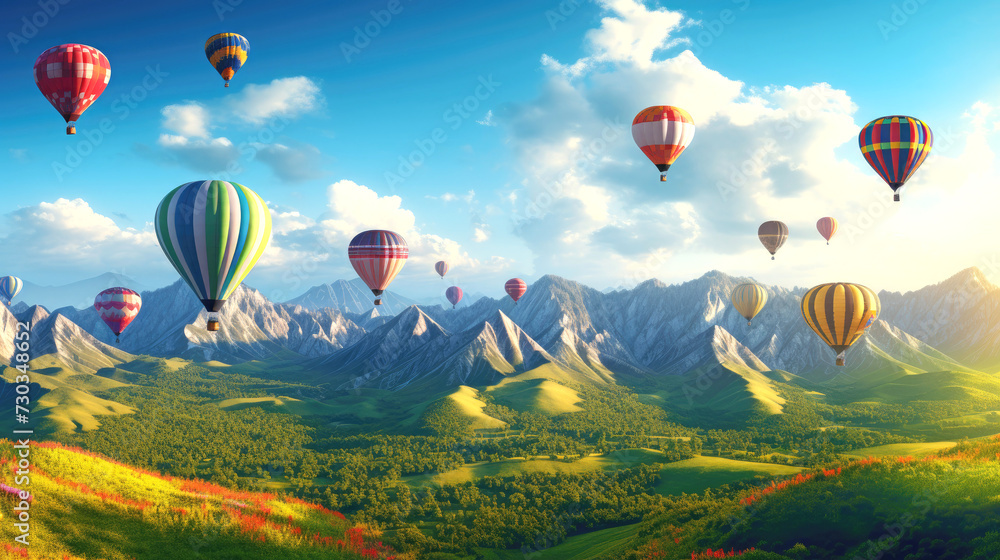 Obraz premium Hot air balloons on blue sky and beautiful mountain valley landscape background. Festival and travel concept. AI generated illustration.