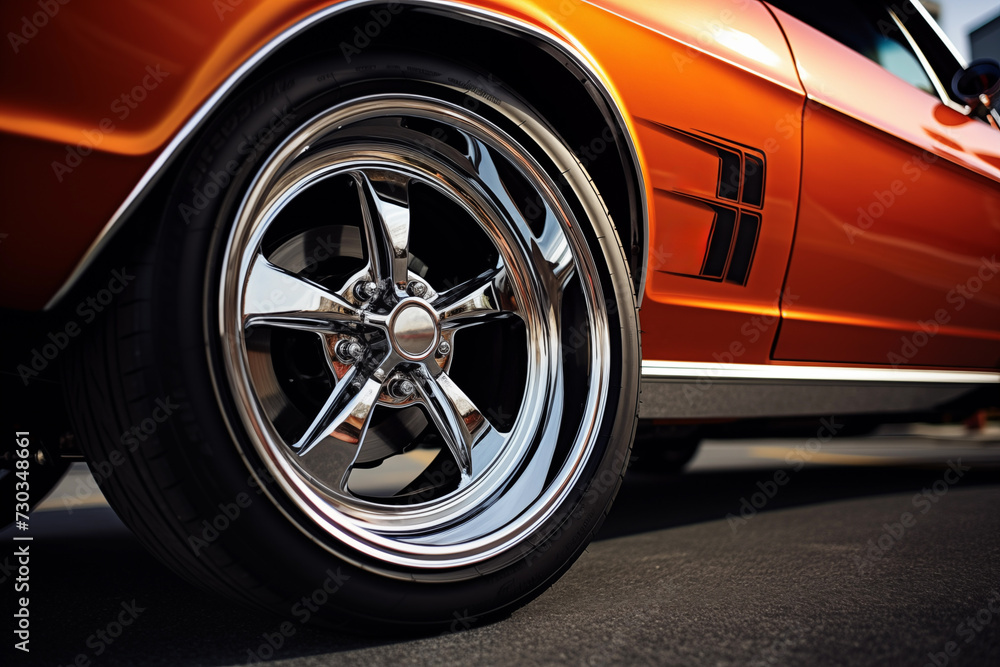 Naklejka premium Detail shot wheels and tires of luxury muscle car. Generative AI