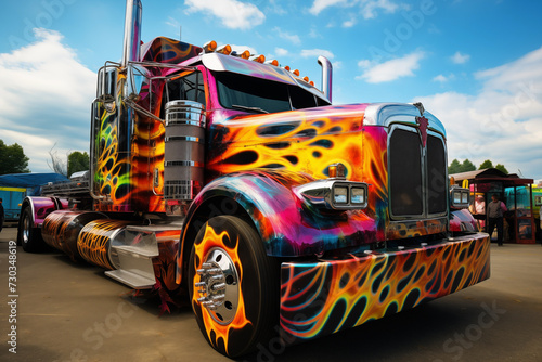 Custom semi truck with vibrant flame paint job. Generative AI photo