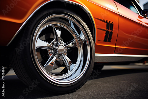 Detail shot wheels and tires of luxury muscle car. Generative AI photo