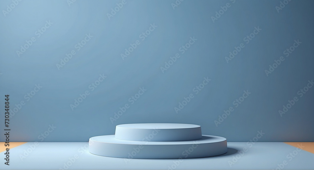 Blue 3d round podium. Mockup empty white stair for award. Round pedestal and winner podium, 3d display product beige minimal scene with geometric. Blue 3d round podium. Mockup empty white stair for award. Round pedestal and winner podium, 3d display product beige minimal scene with geometric.