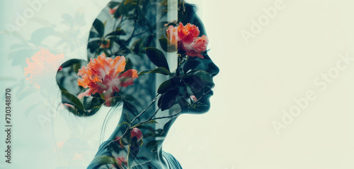 ethereal double exposure portrait of woman with floral overlays in soft hues for creative concepts