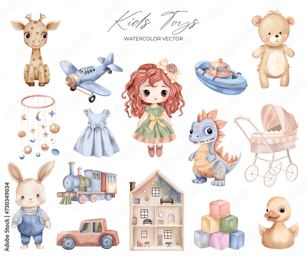 Watercolor toys set. Hand drawn kid toy, dinosaur, doll, teddy bear, bunny. Childish vector illustration pastel colors.