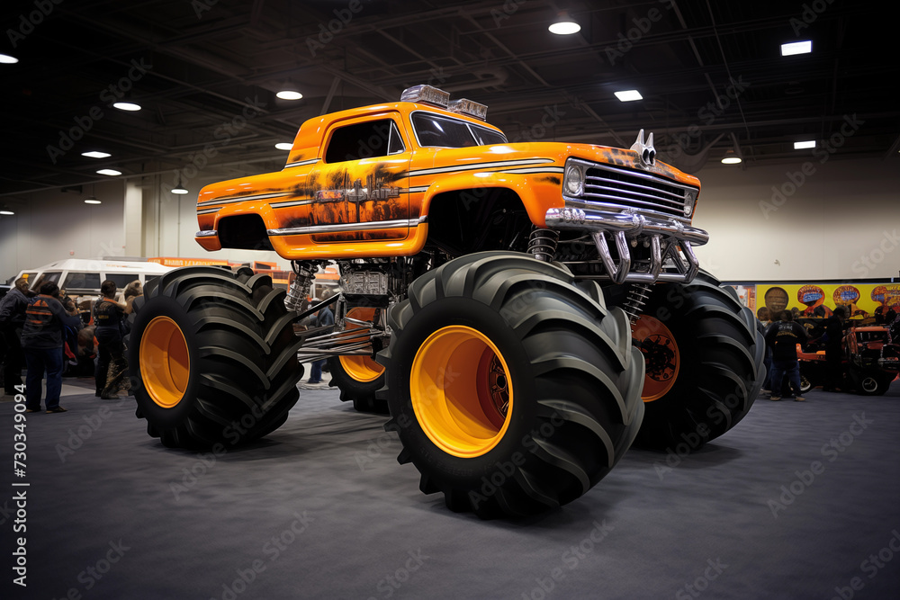 Powerful monster truck car at the exhibition. Generative AI - obrazy, fototapety, plakaty 