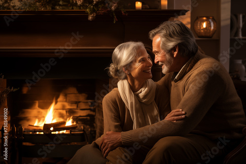 Mature couple sharing tender moment by fireplace. Generative AI