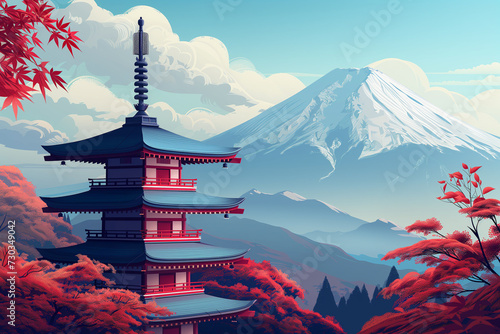Illustrative scene of Japan's Chureito Pagoda with Mount Fuji