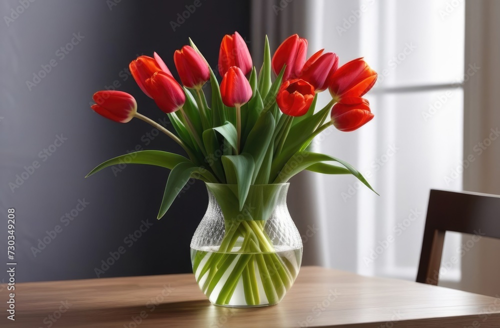 Valentine's Day, Mother's Day, National Grandmothers Day, International Women's Day, bouquet of red tulips in a glass vase on a wooden table, bright room with a window