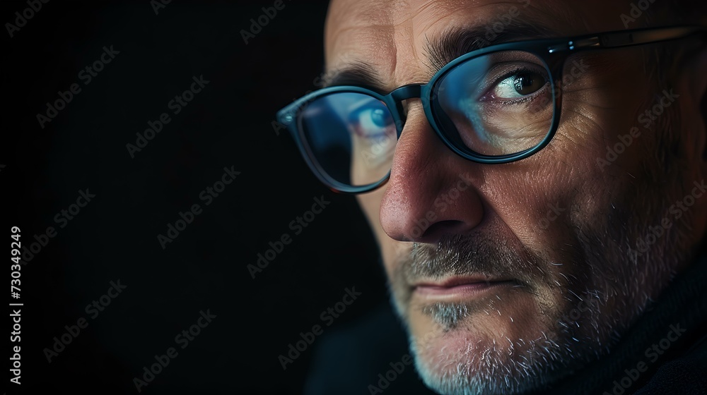 Close-up portrait of a thoughtful man with glasses in dim light. intimate, reflective mood. modern style, suitable for diverse uses. AI Close-up portrait of a thoughtful man with glasses in dim light. intimate, reflective mood. modern style, suitable for diverse uses. AI