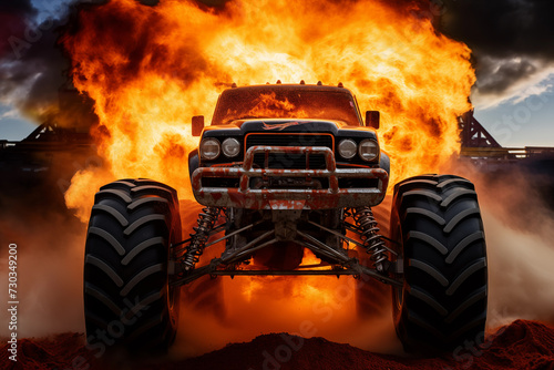 Powerful monster truck engine exhaust belching flames. Generative AI photo
