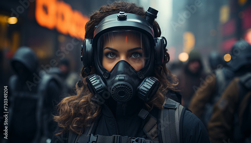 Young adult caucasian woman in protective mask outdoors at night generated by AI
