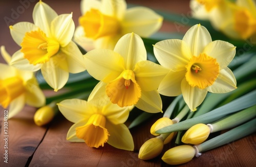 mothers Day, International Womens Day, St. Davids Day, bouquet of yellow daffodils, spring flowers, wooden table