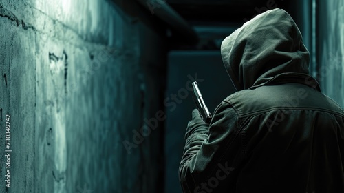 Hidden threat: Back view of a man reaching and holding a gun, crime of kidnapping concept photo
