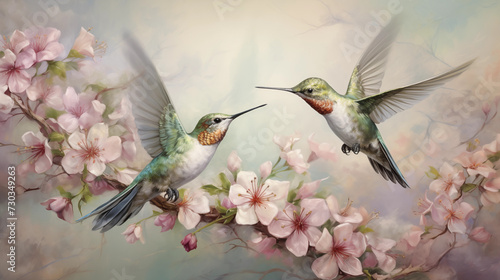 Abstract art of hummingbirds with floral
