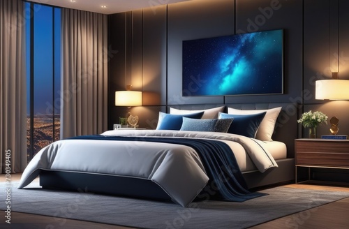 World Sleep Day, modern bedroom interior, cozy atmosphere, luxury hotel, double bed, white linen, blue shades, warm night lighting, view from the window, stylish painting