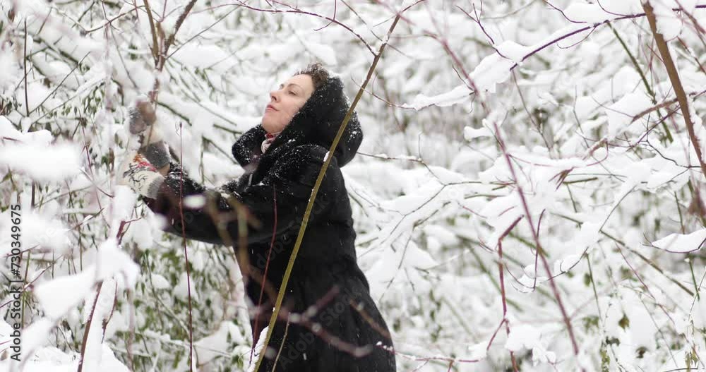 Happy pretty woman in fur coat shakes snowy branches in winter forest Happy pretty woman in fur coat shakes snowy branches in winter forest