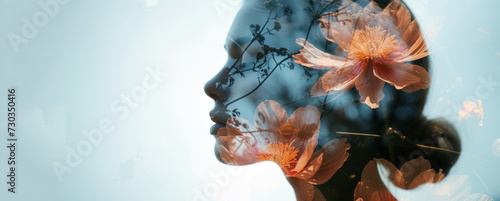 tranquil woman's profile with double exposure flower art for serene beauty and nature themes photo