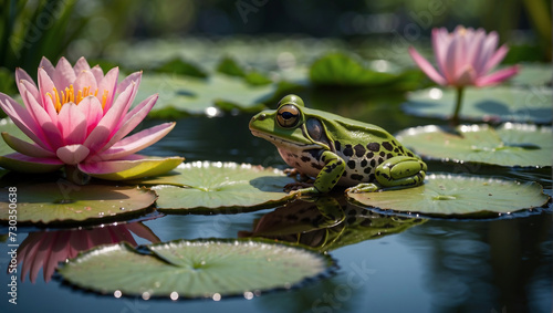 Grüner Frosch auf Seerosenblättern in sonnigem Teich photo