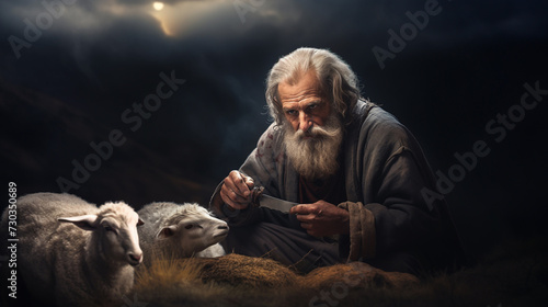 An old man, Bible character with a sheep and a knife, Biblical realistic illustration.  photo