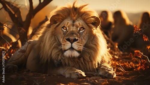 Majestic lioness resting in the African wilderness at sunset generated by AI