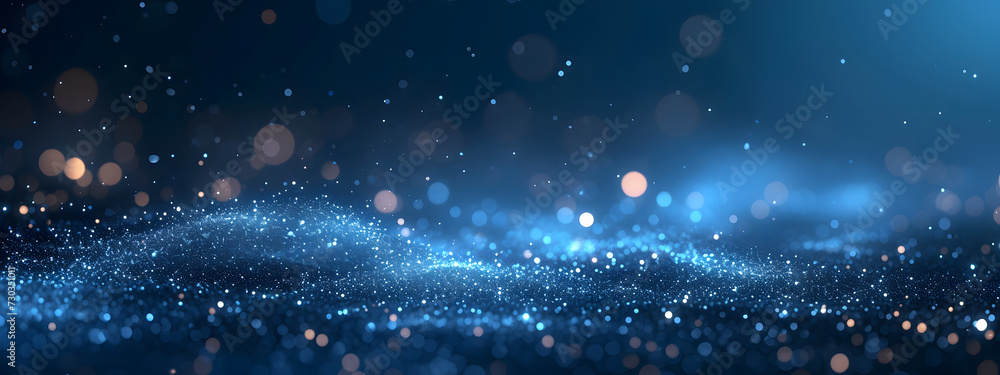 A dark blue abstract background featuring a glow particle effect. The image includes abstract blue lights and star particles, forming a captivating scene with dots on a dark background. - obrazy, fototapety, plakaty 