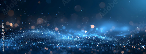A dark blue abstract background featuring a glow particle effect. The image includes abstract blue lights and star particles  forming a captivating scene with dots on a dark background.