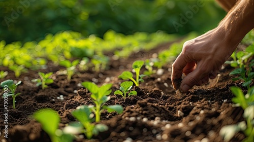 Agricultural activity: Hand in soil, planting rows of seeds, cultivating for crop growth
