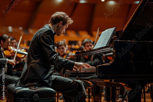 Pianist playing the piano together with the orchestra in an auditorium