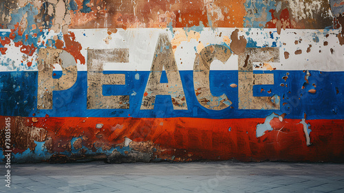 Russian flag with the word "PEACE" on a wall. Warlike conflict. Russian - Ukrainian war.