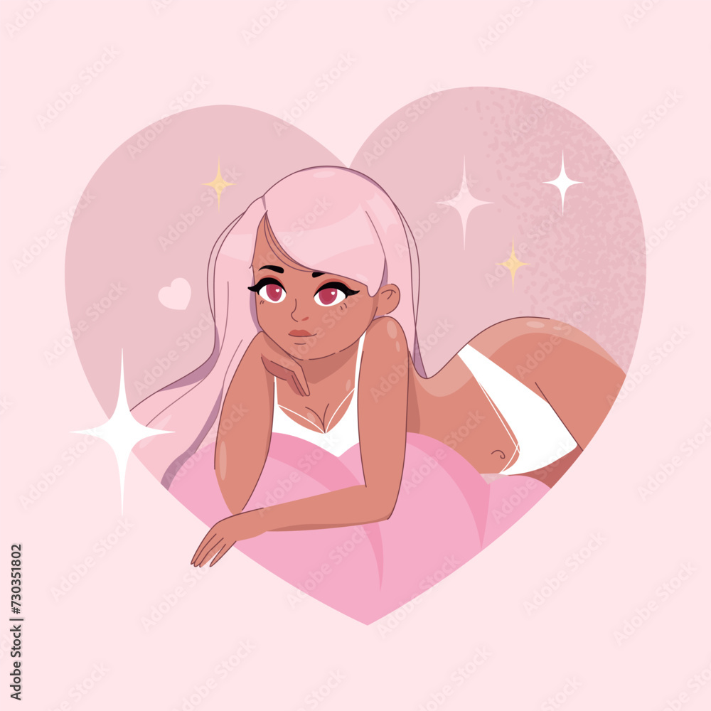 Happy Valentine's day, February 14. Adorable Illustration of a girl at heart. Happy valentine's day illustration for advertisement, banner, sticker, postcard, card, congratulations and poster.