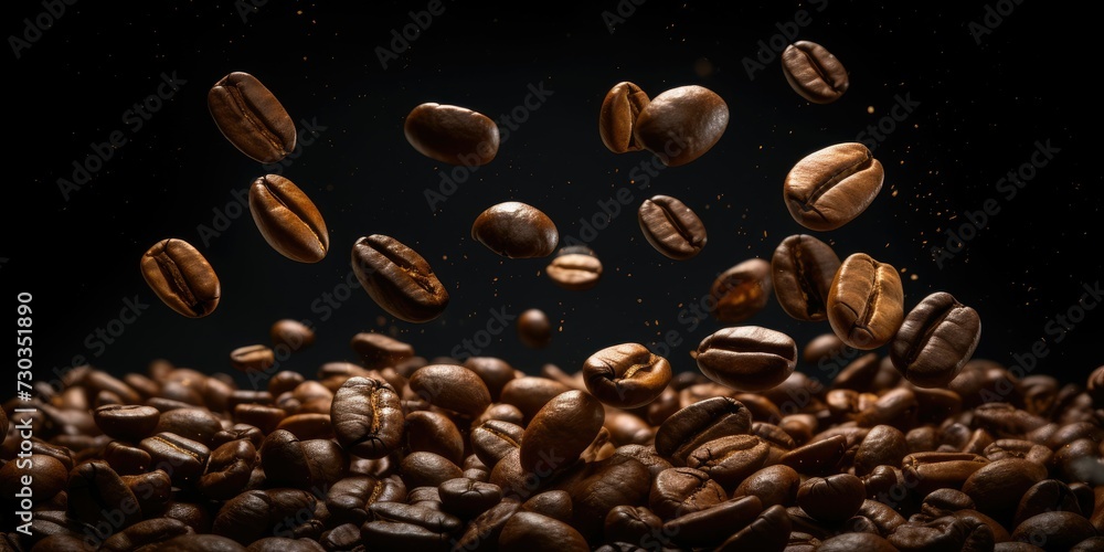Coffee beans flying in the air on a dark background Coffee beans flying in the air on a dark background