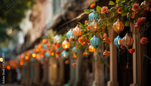Illuminated lanterns hanging outdoors, celebrating traditional winter festival generated by AI