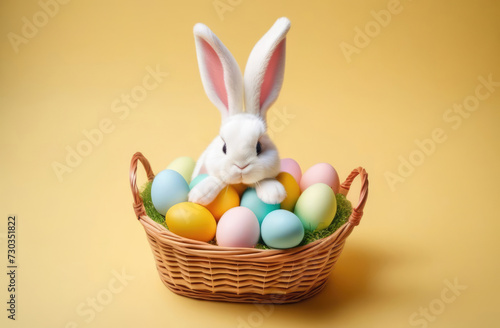 Easter toy bunny and colored eggs in basket on yellow background