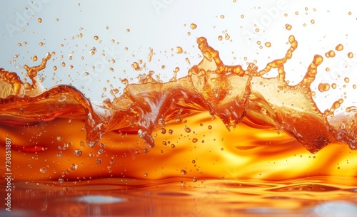orange water splash, oil splashing and bubbles on a white background