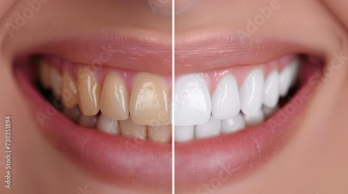 Smile transformation: Close-up of a woman's teeth before and after whitening treatment photo