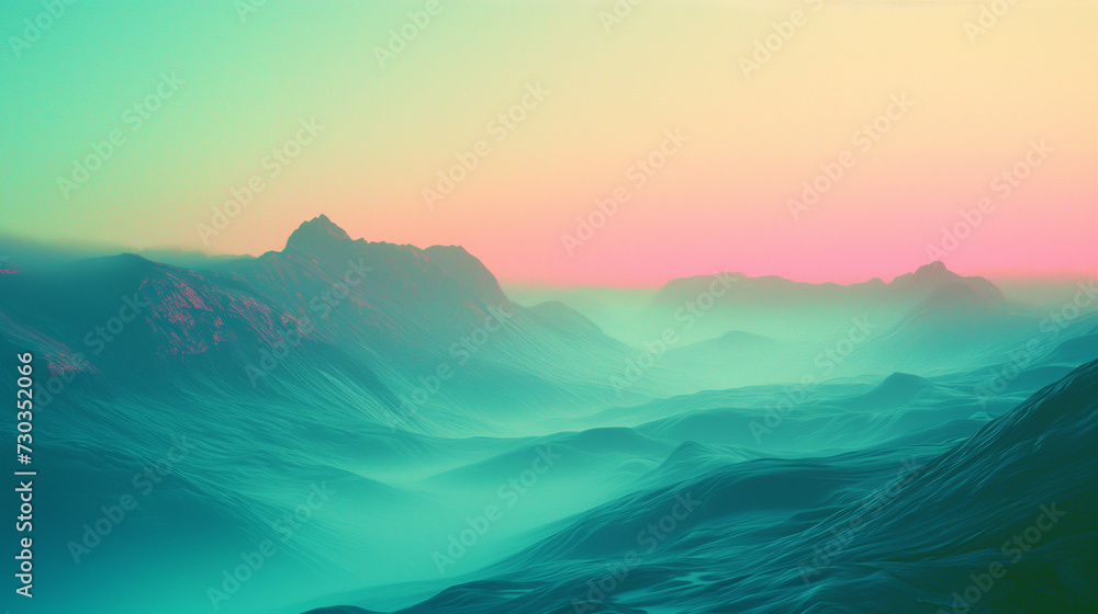 Ethereal neon gradient over serene mountain landscape. - obrazy, fototapety, plakaty 