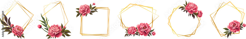 Obraz premium Geometric golden frame with flowers. Abstract floral frame . Border with flowers. Luxury gold frames with pink peonies. Watercolor floral elements with golden geometric frames set.