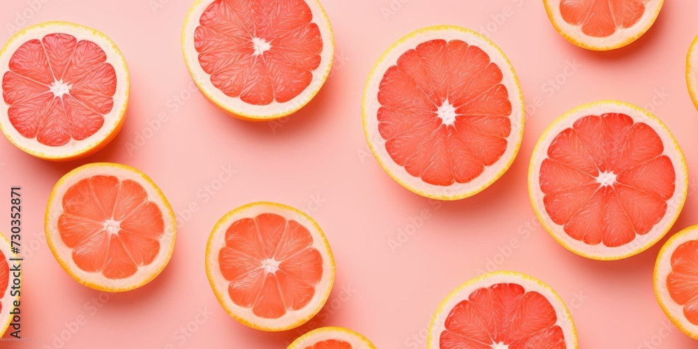 Creative pattern made of sliced grapefruits on pink background, top view Creative pattern made of sliced grapefruits on pink background, top view