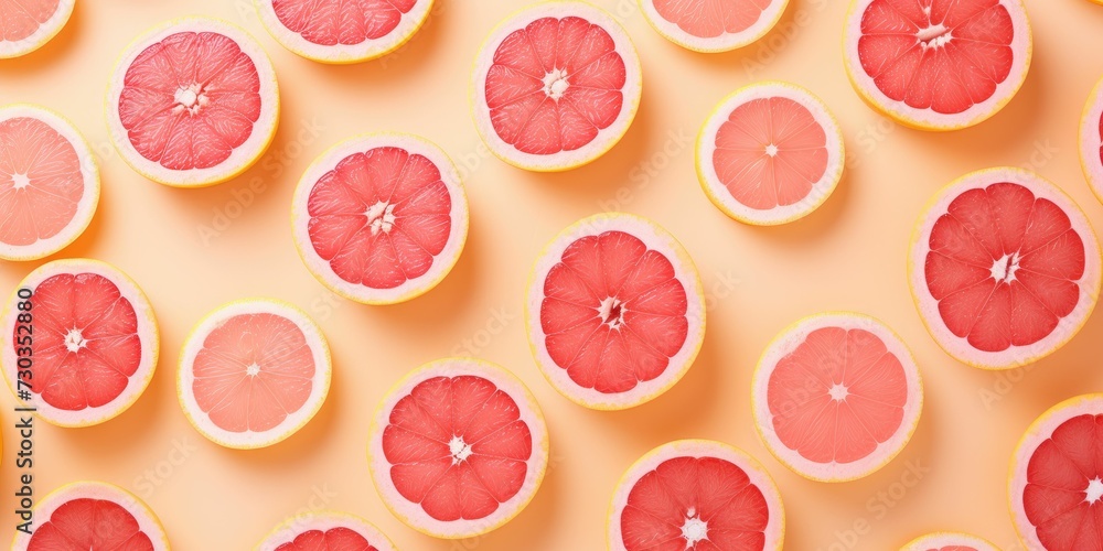 Creative pattern made of sliced grapefruits on pink background, top view Creative pattern made of sliced grapefruits on pink background, top view
