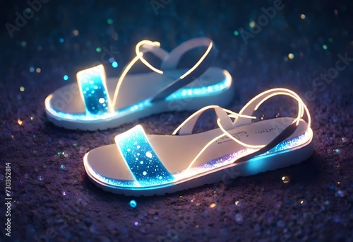 sandal, bioluminescent, bright luminescence white light, made out of light beams, bubbles, particles, sparkles, glitch photo