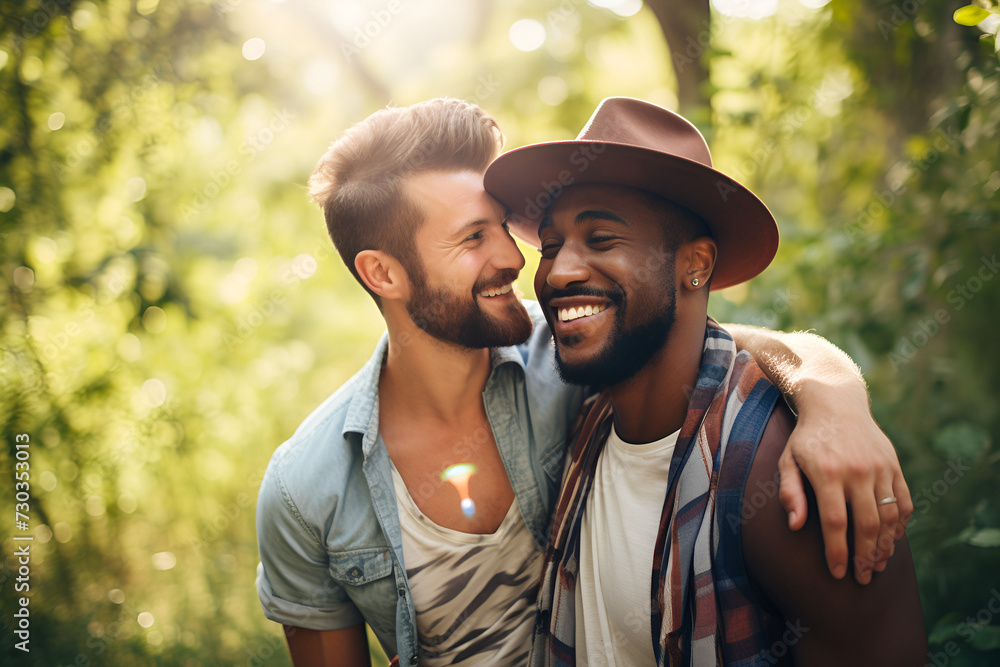 Obraz premium Gay couple hugging and kissing.