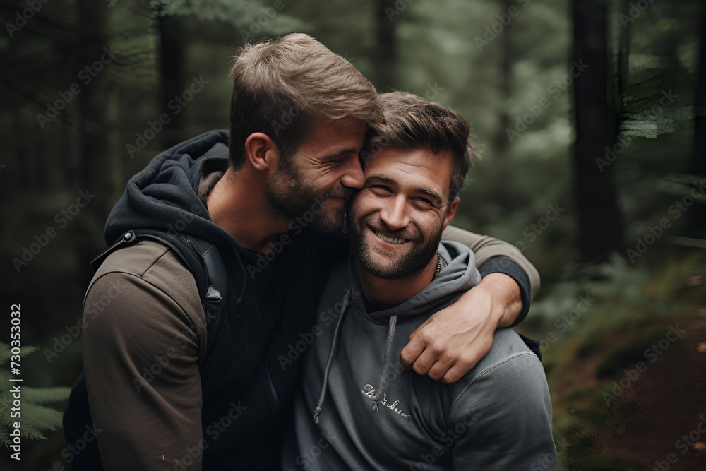 Gay couple hugging and kissing.